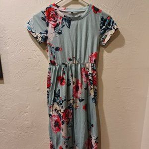 Girls blue empire waist maxi dress with flowers